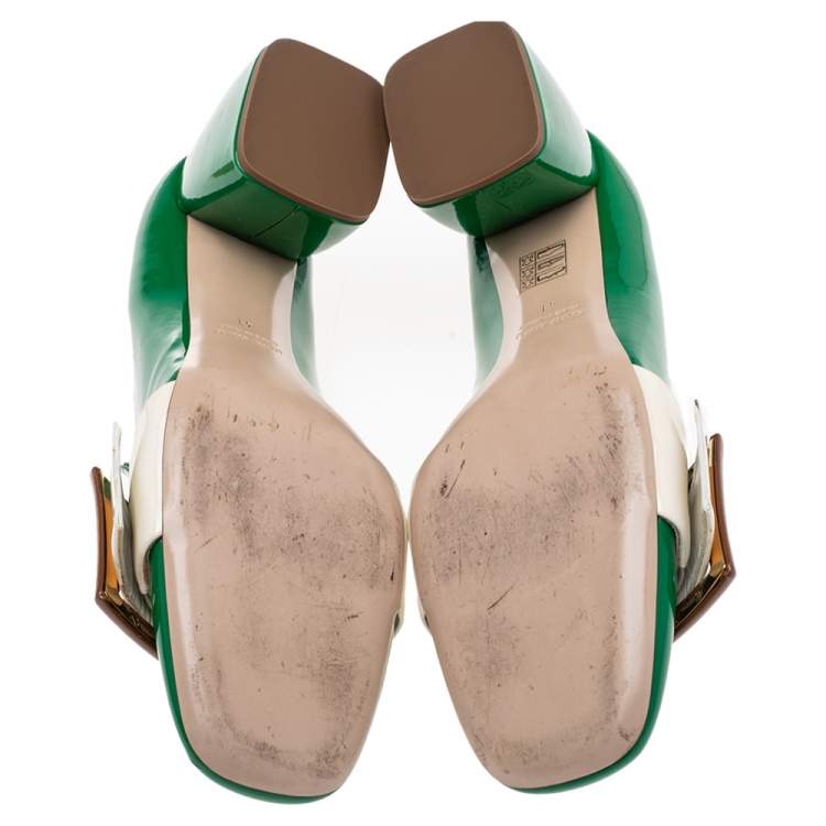 Pre Owned Miu Miu Green/Cream Patent Leather Buckle Loafer Pumps Size 41
