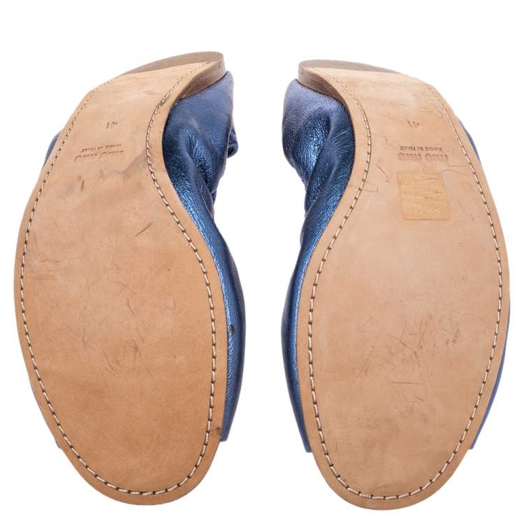 Pre Owned Miu Miu Blue Leather Crystal Embellished Open Toe Scrunch Ballet Flats Size 41