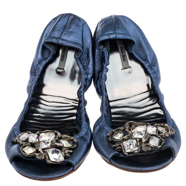 Pre Owned Miu Miu Blue Leather Crystal Embellished Open Toe Scrunch Ballet Flats Size 41