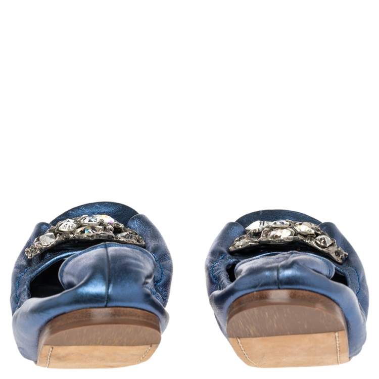 Pre Owned Miu Miu Blue Leather Crystal Embellished Open Toe Scrunch Ballet Flats Size 41