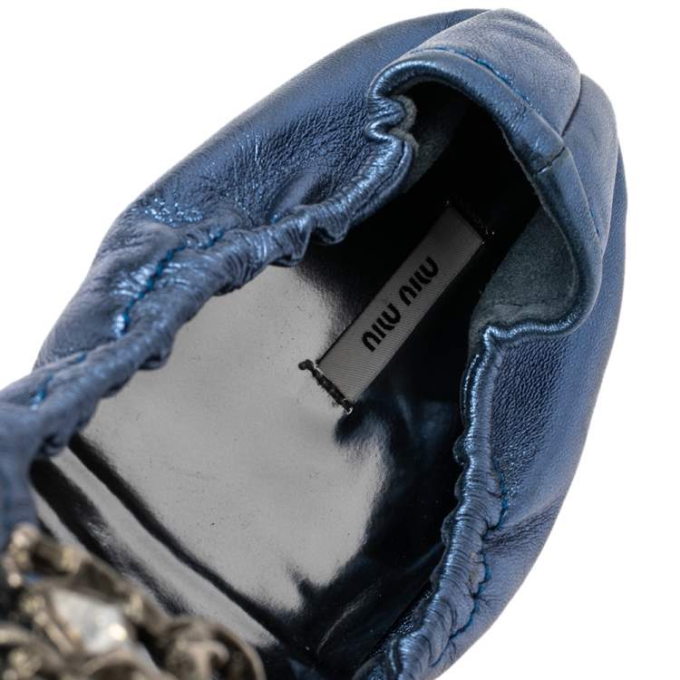Pre Owned Miu Miu Blue Leather Crystal Embellished Open Toe Scrunch Ballet Flats Size 41