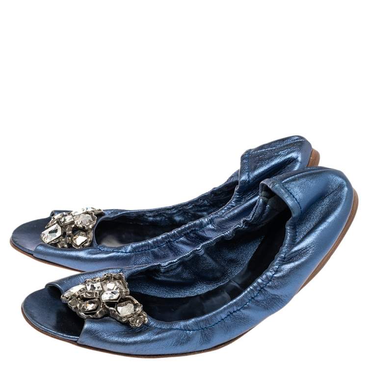 Pre Owned Miu Miu Blue Leather Crystal Embellished Open Toe Scrunch Ballet Flats Size 41