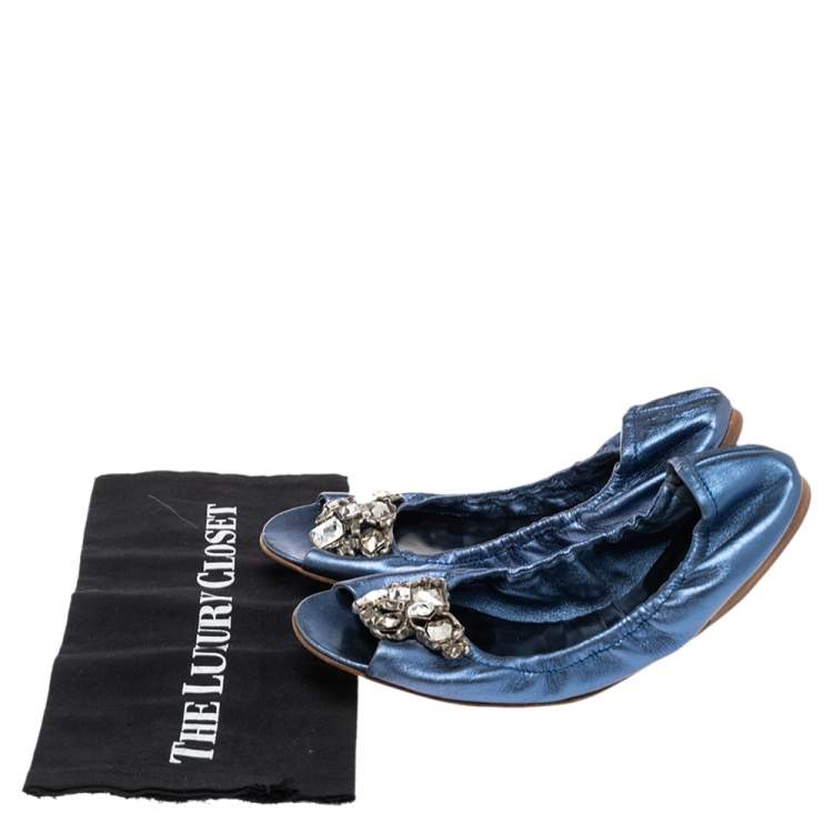 Pre Owned Miu Miu Blue Leather Crystal Embellished Open Toe Scrunch Ballet Flats Size 41