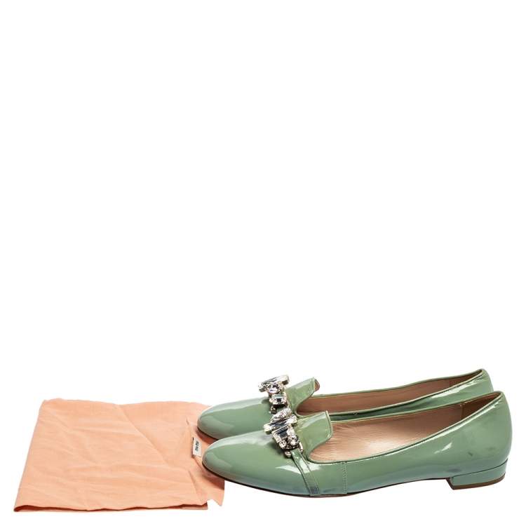 Pre Owned Miu Miu Green  Patent Leather Crystal Embellished Bow Ballet Flats Size 41