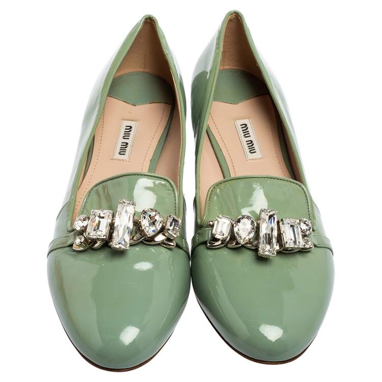Pre Owned Miu Miu Green  Patent Leather Crystal Embellished Bow Ballet Flats Size 41