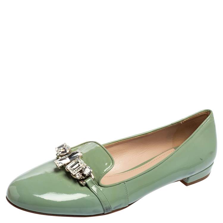 Pre Owned Miu Miu Green  Patent Leather Crystal Embellished Bow Ballet Flats Size 41