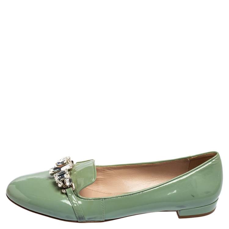 Pre Owned Miu Miu Green  Patent Leather Crystal Embellished Bow Ballet Flats Size 41
