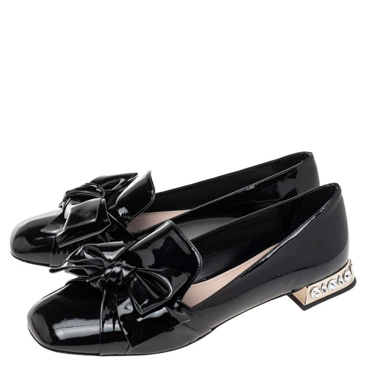 Pre Owned Miu Miu Black Patent Leather Crystal Embellished Heel Bow Slip On Loafers Size 41