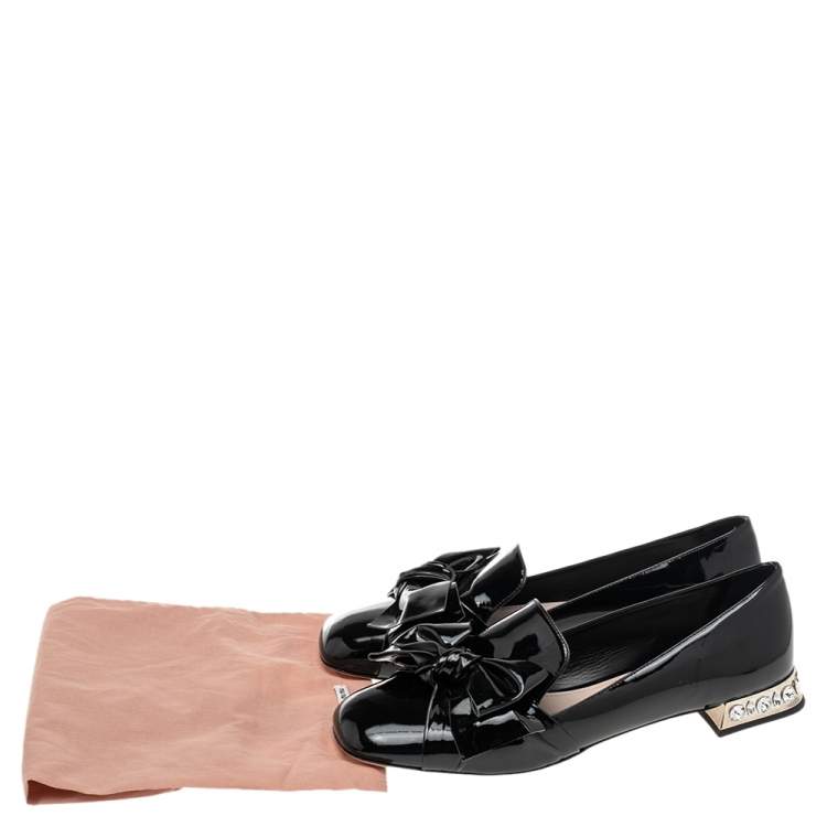 Pre Owned Miu Miu Black Patent Leather Crystal Embellished Heel Bow Slip On Loafers Size 41