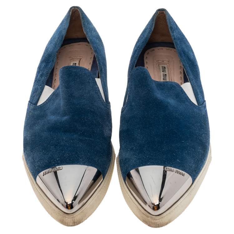 Pre Owned Miu Miu Blue Suede Metal Cap Toe Ballet Flats Size 41