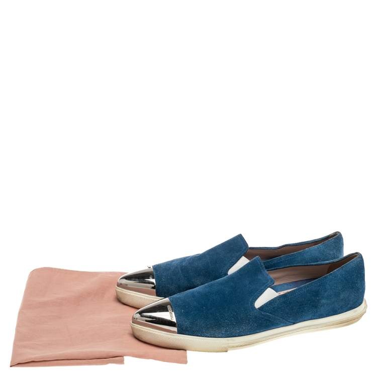 Pre Owned Miu Miu Blue Suede Metal Cap Toe Ballet Flats Size 41