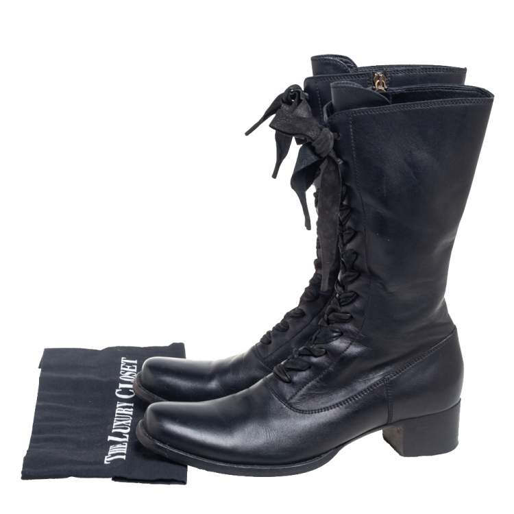 Pre Owned Miu Miu Black Leather Lace-Up Mid-Calf Boots Size 39.5
