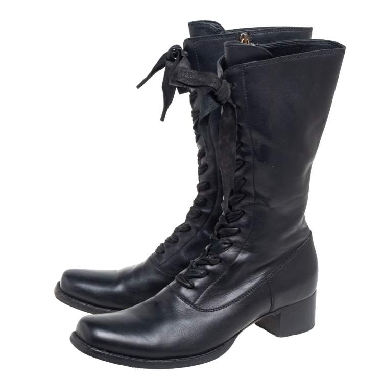 Pre Owned Miu Miu Black Leather Lace-Up Mid-Calf Boots Size 39.5