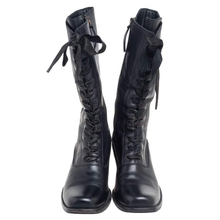 Pre Owned Miu Miu Black Leather Lace-Up Mid-Calf Boots Size 39.5