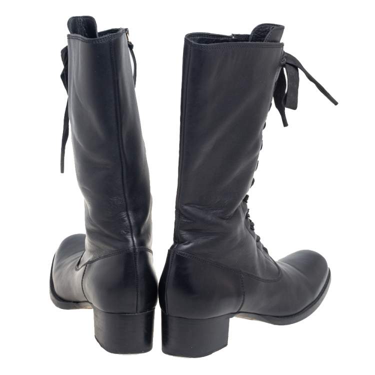 Pre Owned Miu Miu Black Leather Lace-Up Mid-Calf Boots Size 39.5