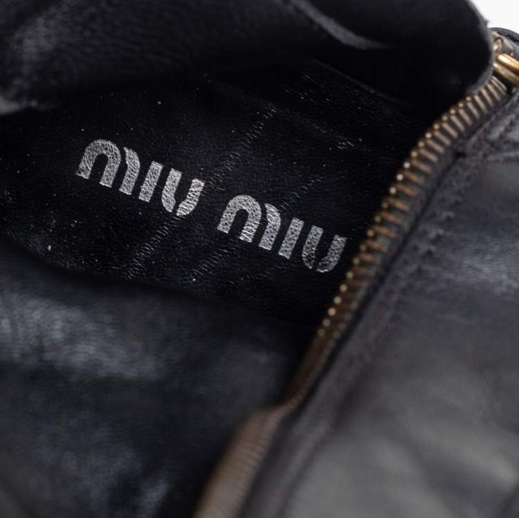 Pre Owned Miu Miu Black Leather Lace-Up Mid-Calf Boots Size 39.5