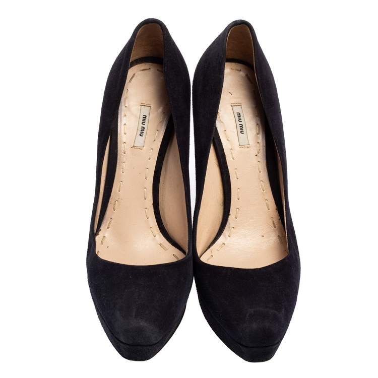 Pre Owned Miu Miu Black Suede Platform Pumps Size 39.5