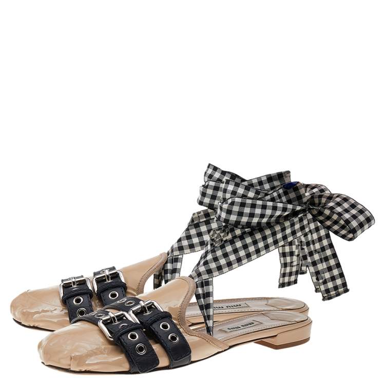 Pre Owned Miu Miu Beige Patent Leather Ankle Wrap Flat Mules Size 40