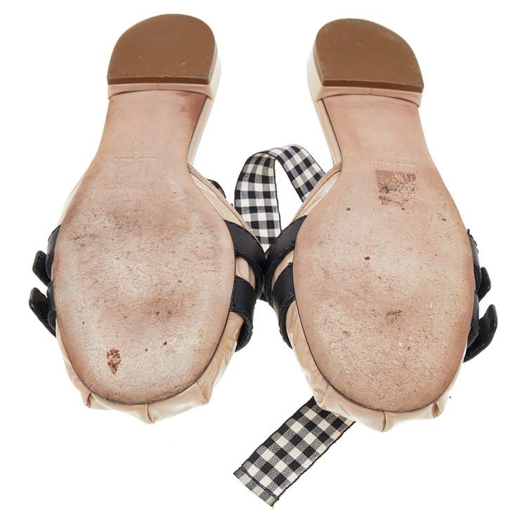 Pre Owned Miu Miu Beige Patent Leather Ankle Wrap Flat Mules Size 40