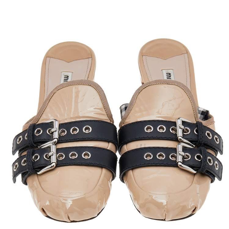 Pre Owned Miu Miu Beige Patent Leather Ankle Wrap Flat Mules Size 40