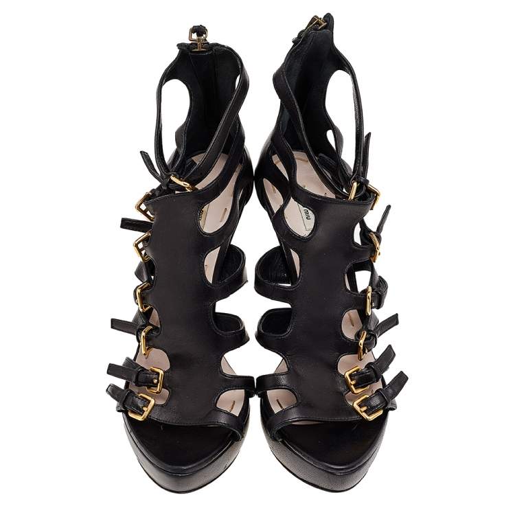 مملوكة مسبقًا Miu Miu Black Leather Multi Strap Platform Sandals Size 39.5