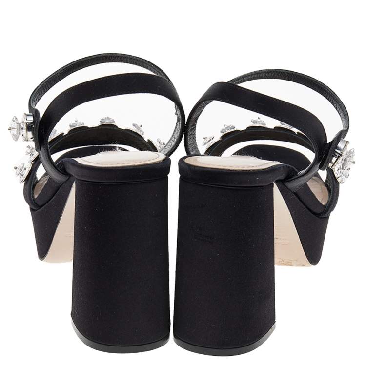 Pre Owned Miu Miu Black Satin Crystal Embellished Ankle Strap Sandals Size 36.5