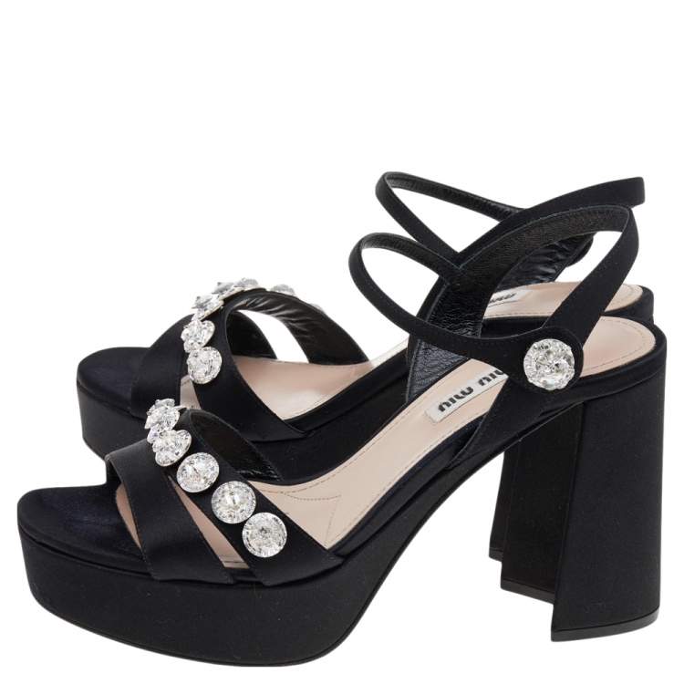 Pre Owned Miu Miu Black Satin Crystal Embellished Ankle Strap Sandals Size 36.5