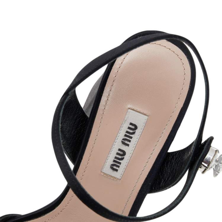Pre Owned Miu Miu Black Satin Crystal Embellished Ankle Strap Sandals Size 36.5