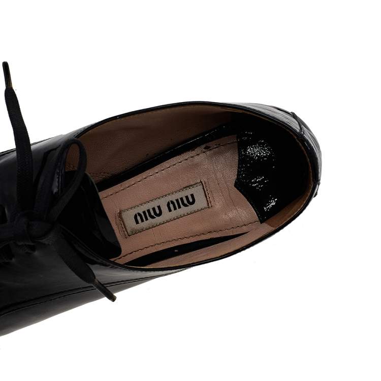 Pre Owned Miu Miu Black Patent Leather Crystal Embellished Heel Oxfords Size 36.5