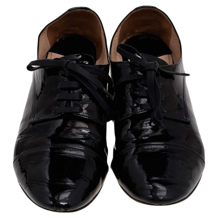 Pre Owned Miu Miu Black Patent Leather Crystal Embellished Heel Oxfords Size 36.5