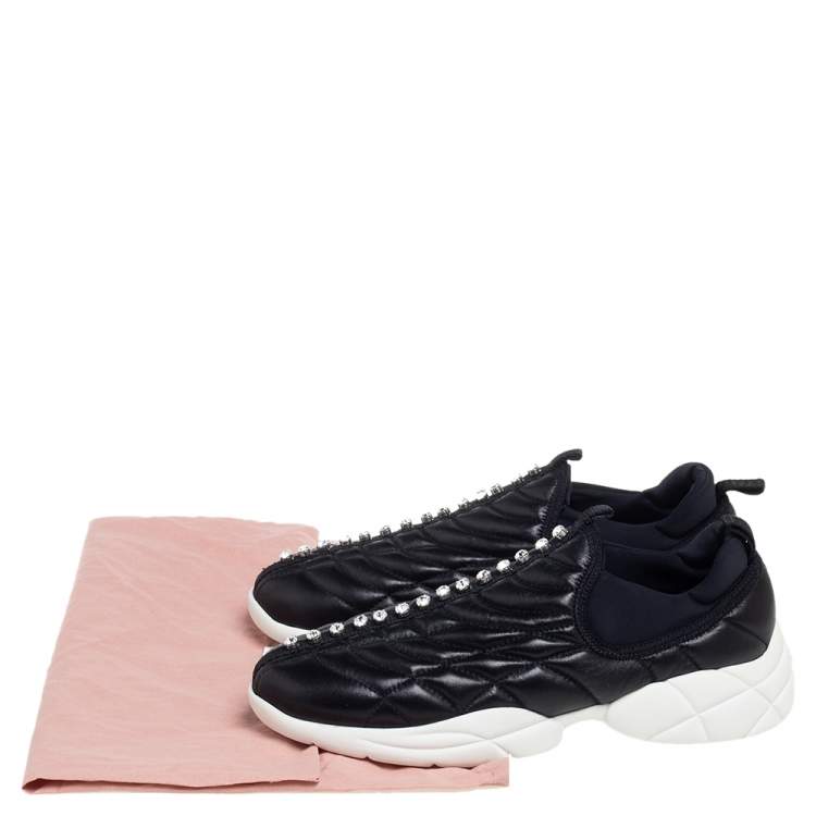 Pre Owned Miu Miu Black Leather Crystal Embellished Slip On Sneakers Size 39