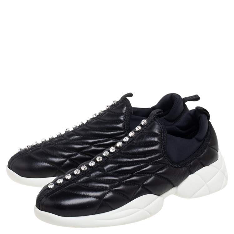 Pre Owned Miu Miu Black Leather Crystal Embellished Slip On Sneakers Size 39