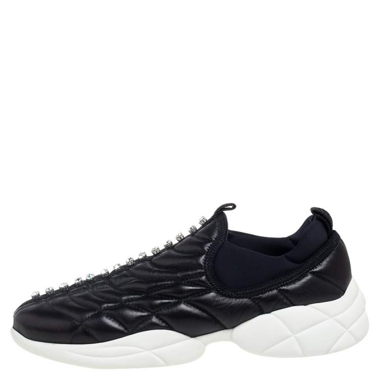 Pre Owned Miu Miu Black Leather Crystal Embellished Slip On Sneakers Size 39