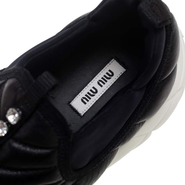 Pre Owned Miu Miu Black Leather Crystal Embellished Slip On Sneakers Size 39