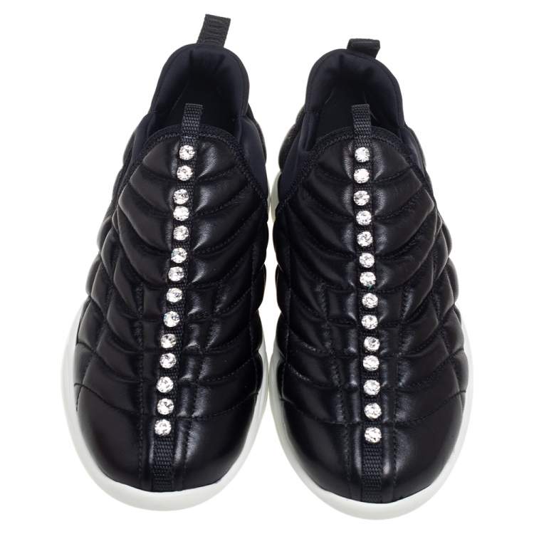Pre Owned Miu Miu Black Leather Crystal Embellished Slip On Sneakers Size 39