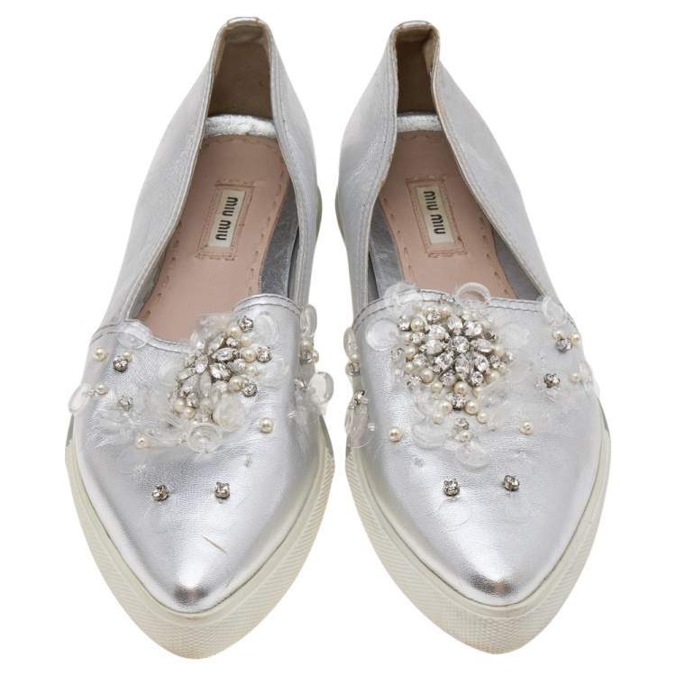 Pre Owned Miu Miu Metallic Silver Leather Embellished Pointed Toe Slip On Sneakers Size 40