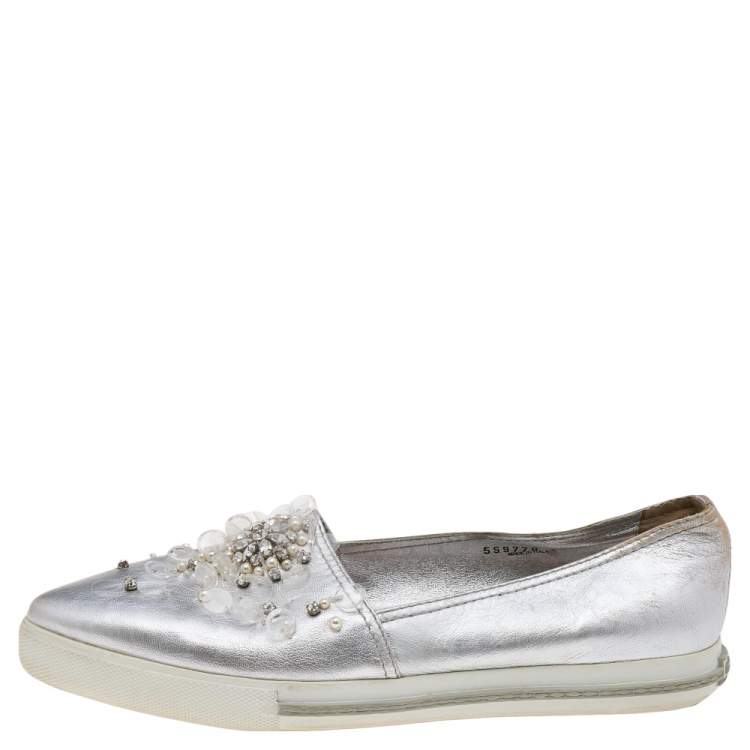 Pre Owned Miu Miu Metallic Silver Leather Embellished Pointed Toe Slip On Sneakers Size 40