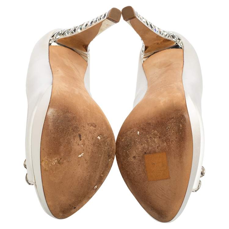Pre Owned Miu Miu White Satin Crystal Embellished Heel Peep-Toe Platform Pumps Size 37