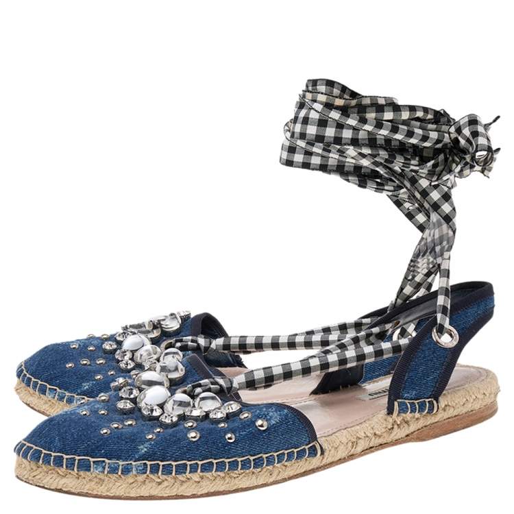 Pre Owned Miu Miu Blue Denim Crystal Embellished Espadrille Flats Size 39.5