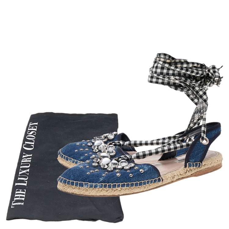 Pre Owned Miu Miu Blue Denim Crystal Embellished Espadrille Flats Size 39.5