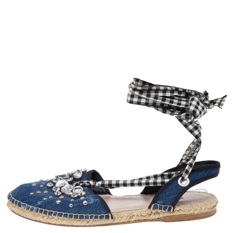 Pre Owned Miu Miu Blue Denim Crystal Embellished Espadrille Flats Size 39.5