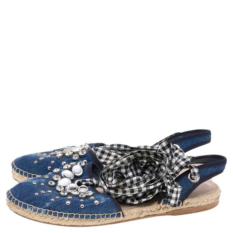 Pre Owned Miu Miu Blue Denim Crystal Embellished Espadrille Flats Size 39.5