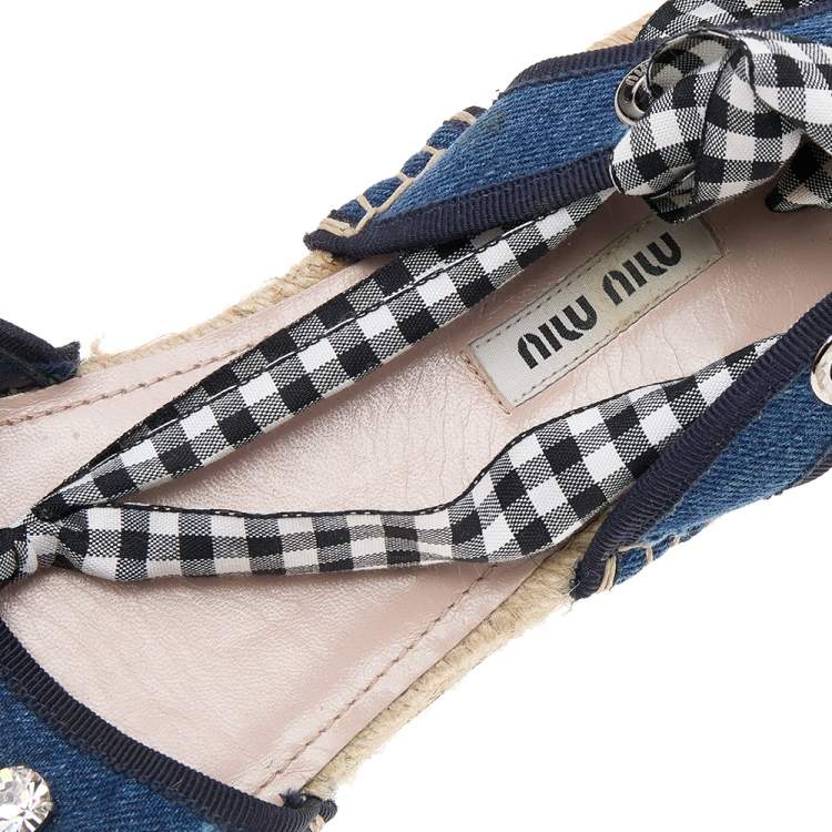 Pre Owned Miu Miu Blue Denim Crystal Embellished Espadrille Flats Size 39.5