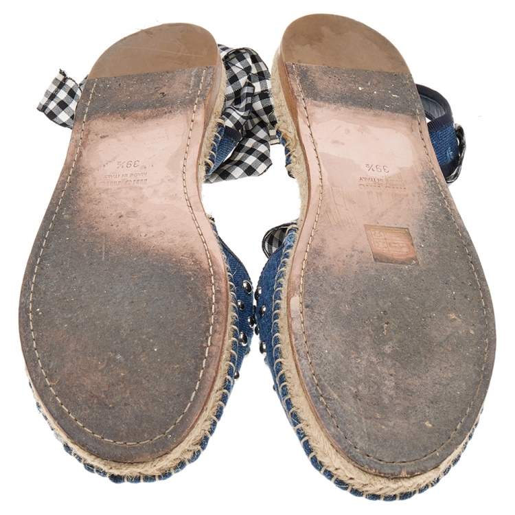 Pre Owned Miu Miu Blue Denim Crystal Embellished Espadrille Flats Size 39.5