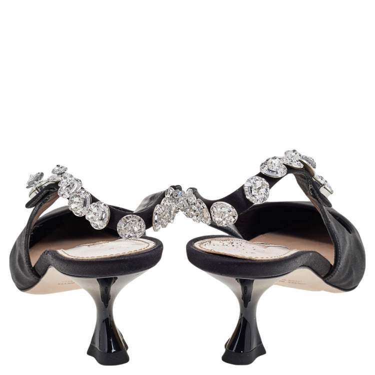 مملوكة مسبقًا Miu Miu Black Satin Crystal Embellished Slingback Sandals Size 40