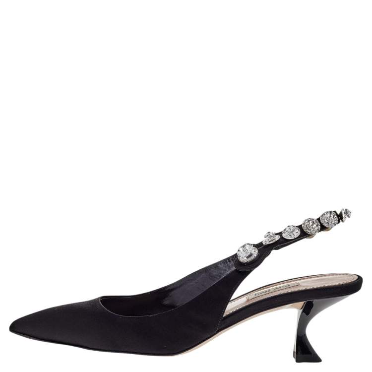 مملوكة مسبقًا Miu Miu Black Satin Crystal Embellished Slingback Sandals Size 40