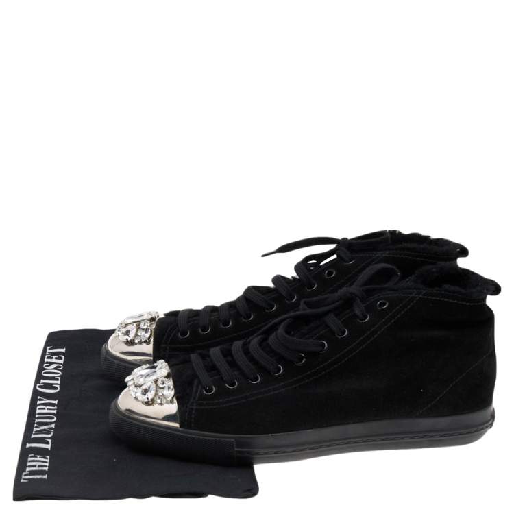 Pre Owned Miu Miu Black Suede Crystal Embellished High Top Sneakers Size 41