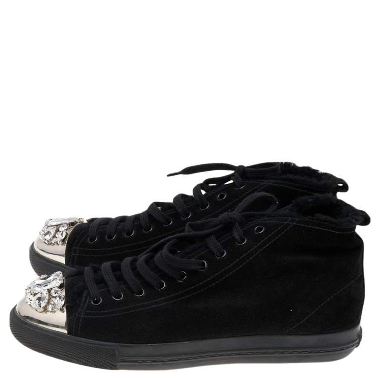 Pre Owned Miu Miu Black Suede Crystal Embellished High Top Sneakers Size 41