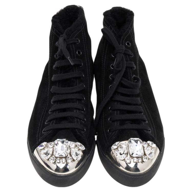 Pre Owned Miu Miu Black Suede Crystal Embellished High Top Sneakers Size 41