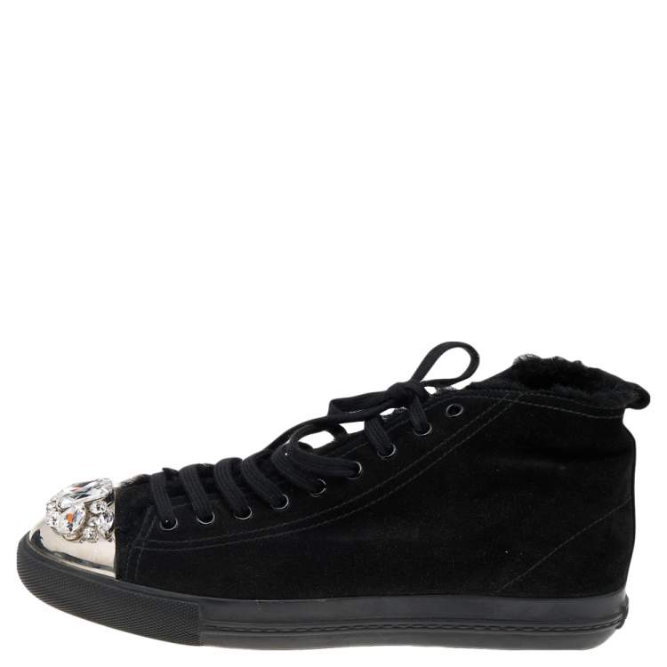 Pre Owned Miu Miu Black Suede Crystal Embellished High Top Sneakers Size 41